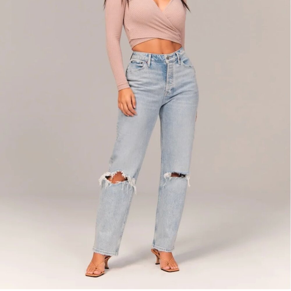 Abercrombie & Fitch Curve Love High Rise Dad Jeans Light Ripped Wash Size 30L